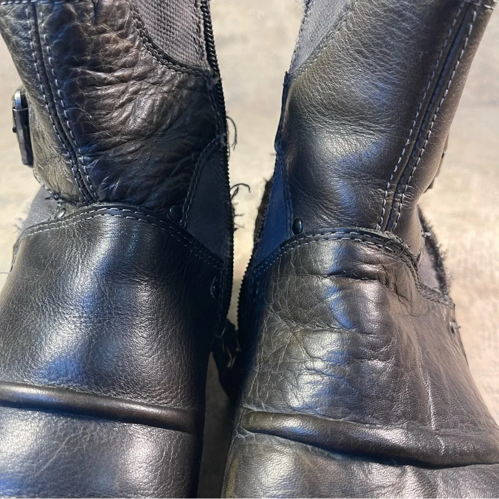 Replay Leather & Denim Deconstructed Biker Ankle Boots Zip Side Moto Boots